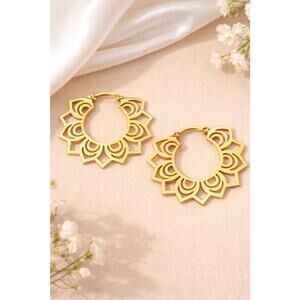 Stainless Steel Lotus Flower Hoop Earrings Boho